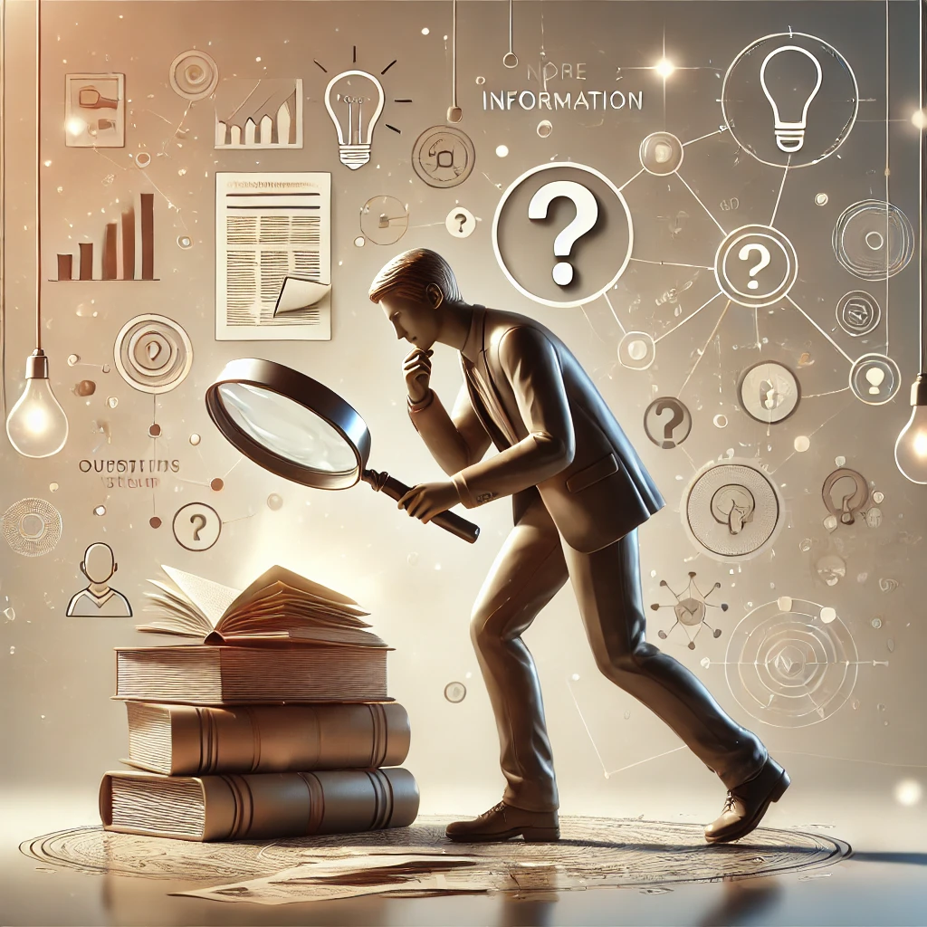 DALL·E 2024-12-03 20.31.42 – A conceptual illustration showing a person actively searching for more information. The individual is depicted in a thoughtful pose, holding a magnify DALL·E 2024-12-03 20.31.42 - A conceptual illustration showing a person actively searching for more information. The individual is depicted in a thoughtful pose, holding a magnify